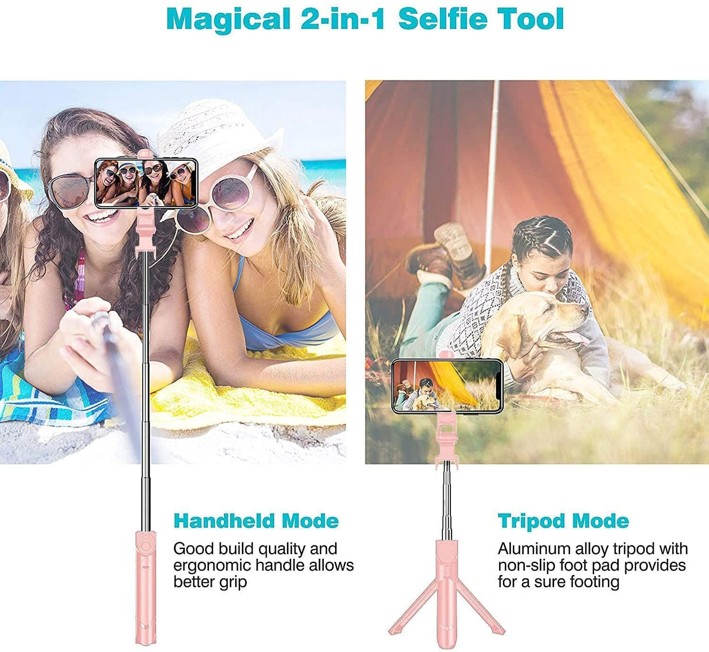 Tripod Stand Selfie Stick, Extendable Bluetooth Selfie Stick with Wireless Remote Compatible with iPhone XR/XS/X/8/Plus/7/Plus/SE/6S/6/Plus, Galaxy S9/S8/S7/S6, Android, More, Pink